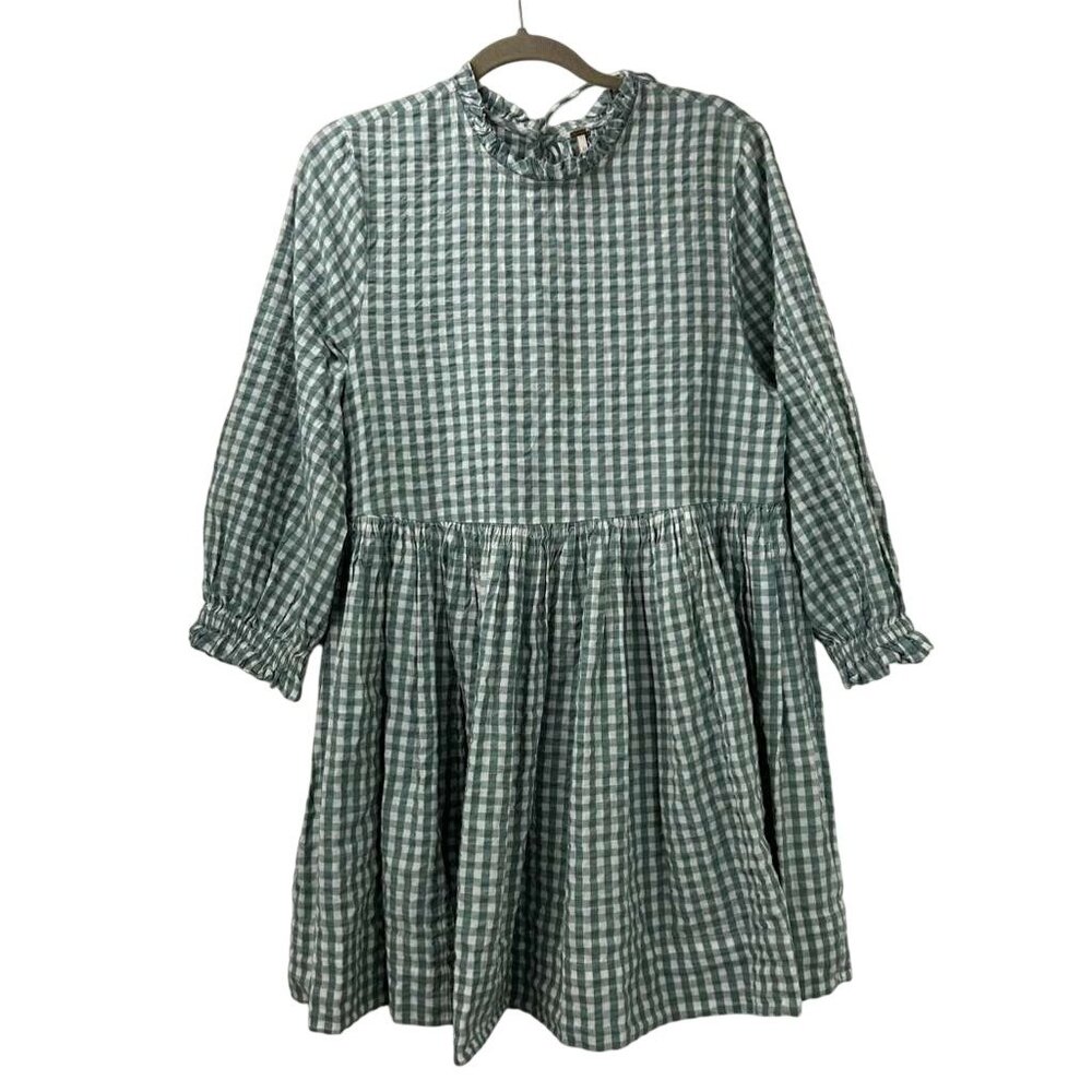 Free People Women's Medium Plaid Green Long Sleeve Bohemian Mini Dress